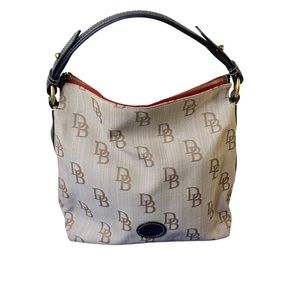 Dooney & Bourke Signature Logo Canvas Shoulder Handbag Leather Strap Red Lined